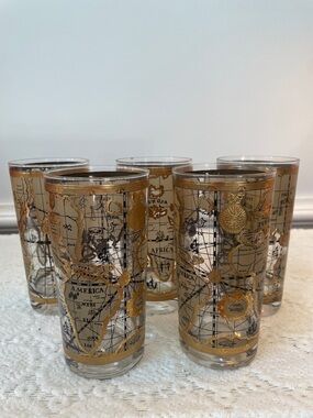 Vintage Gold Map Highball Glasses - Set of 5 world atlas